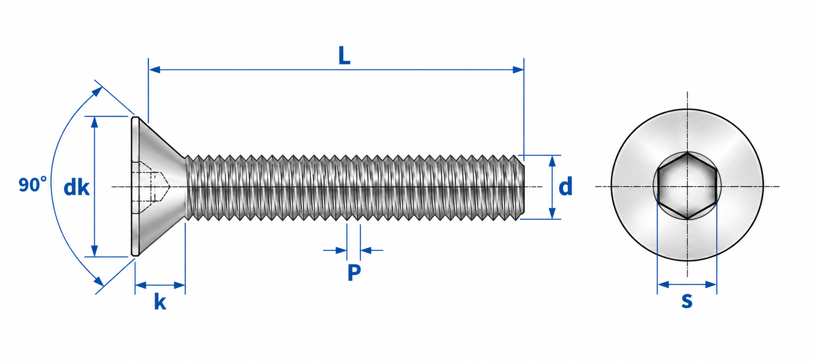 Titanium Countersunk Socket Bolt Dimensional Diagram