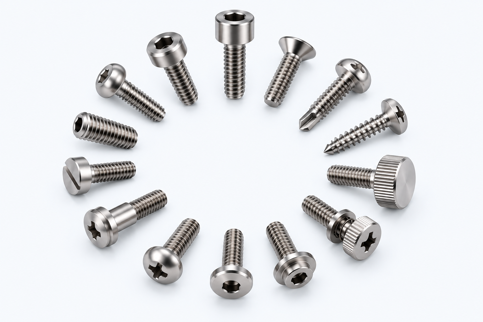 Various titanium screw types and head styles
