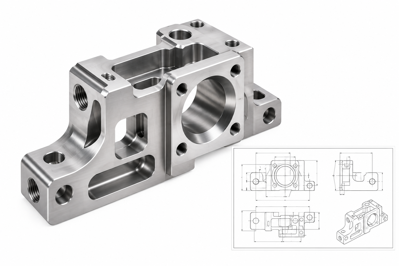 Custom Titanium CNC Milled Part with Technical Drawing