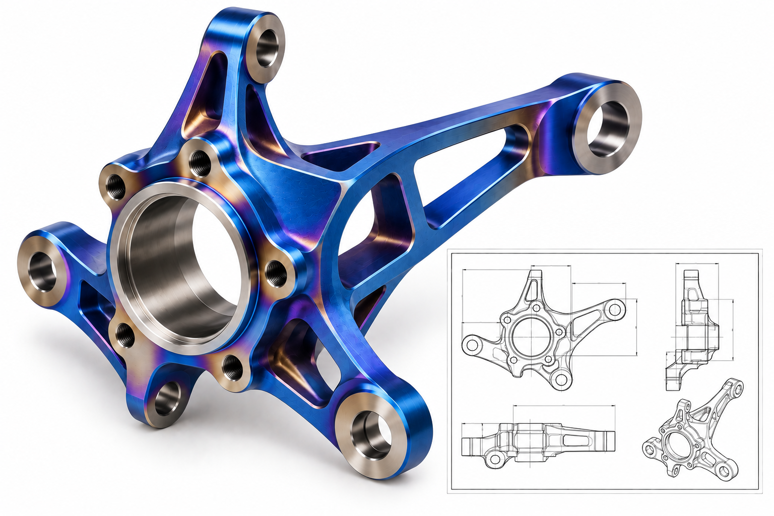 Custom Titanium Automotive Part with Technical Drawing