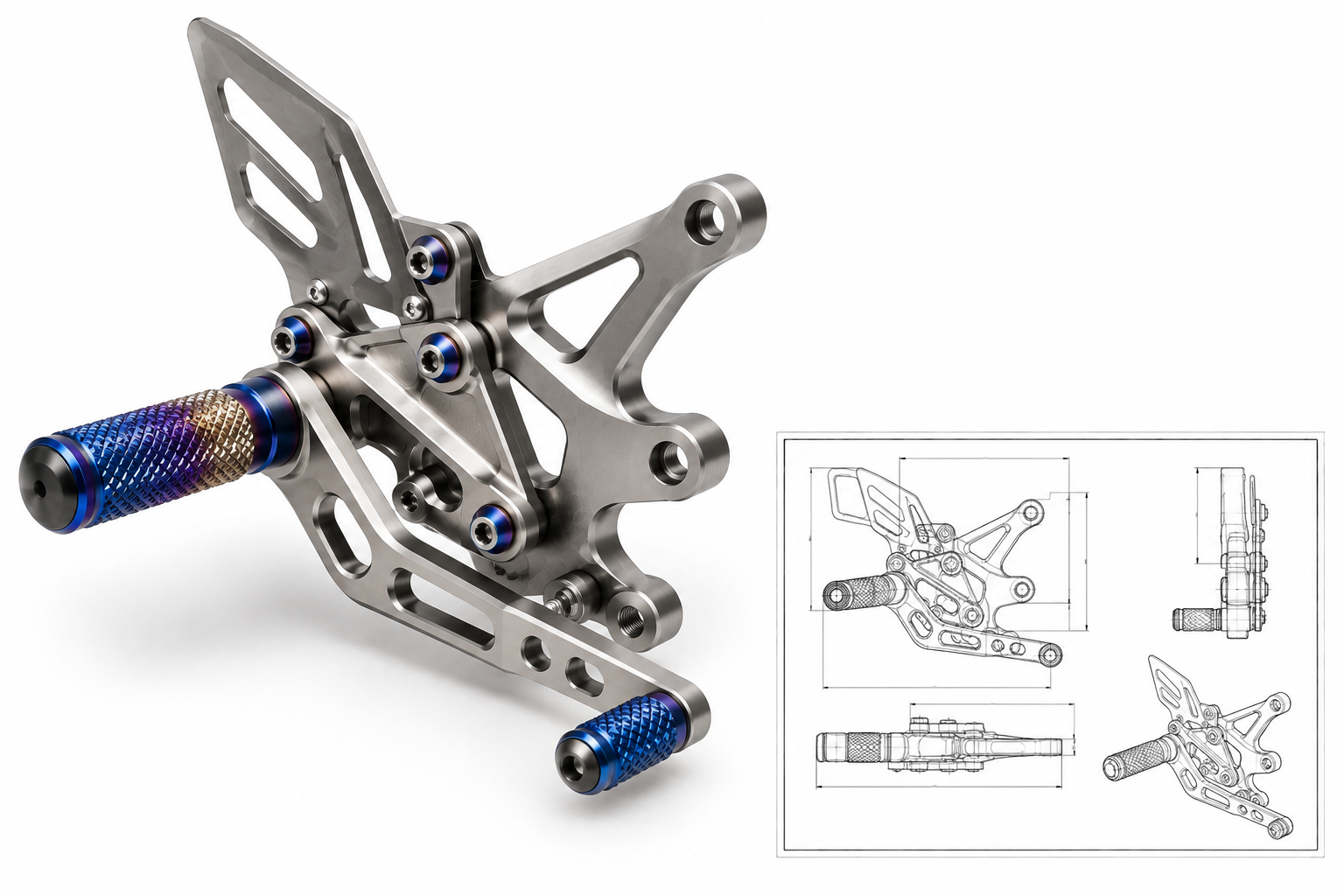 Custom Titanium Motorcycle Part with Technical Drawing