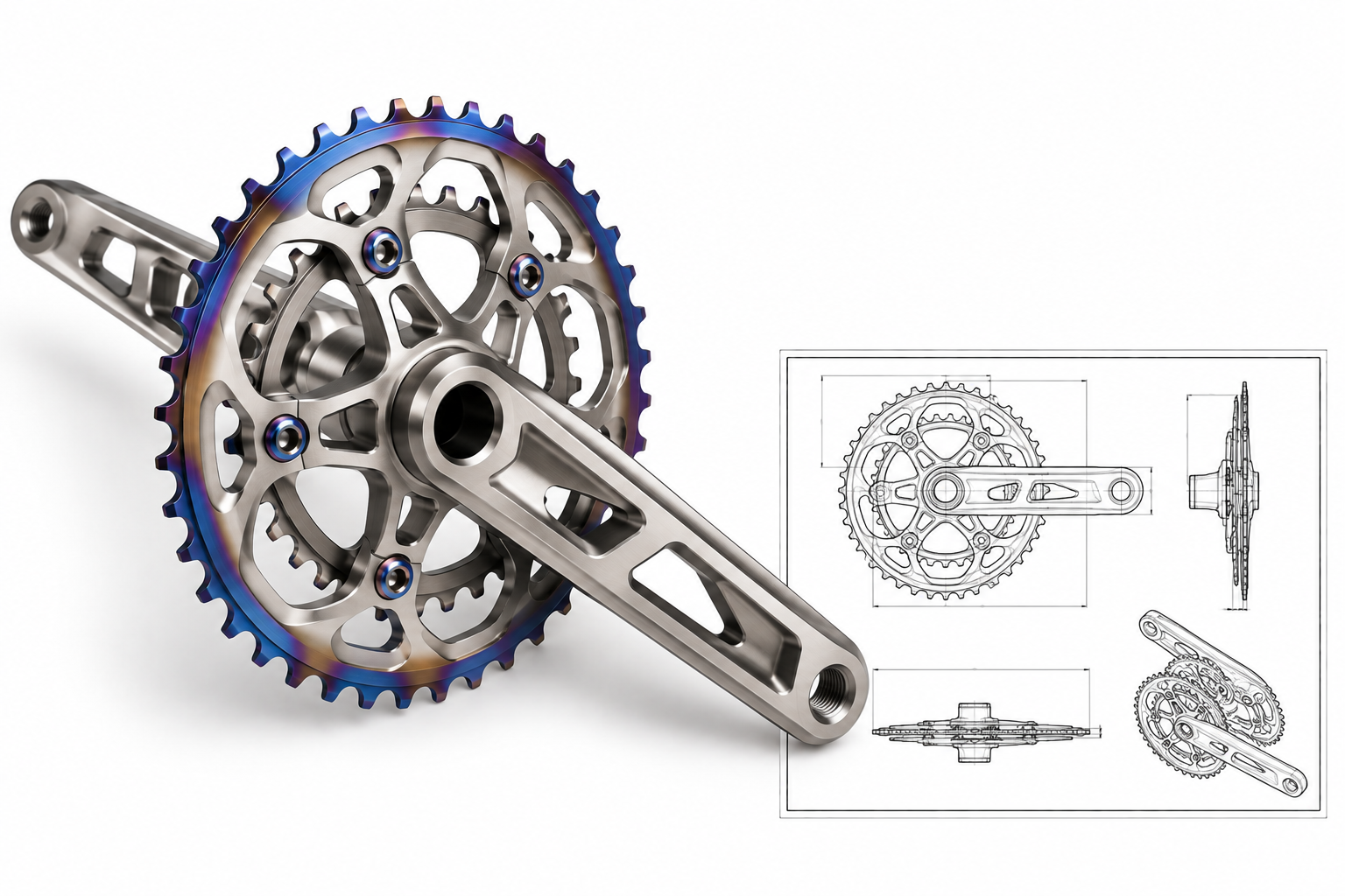 Custom Titanium Bicycle Crankset with Technical Drawing