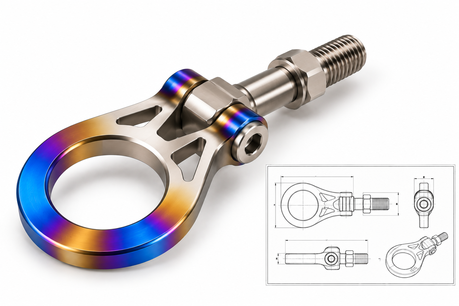 Custom Titanium Racing Tow Hook with Technical Drawing