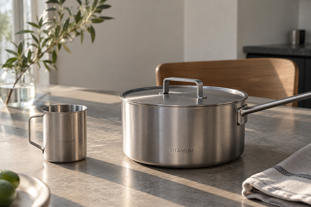 Titanium cookware and cup for household applications