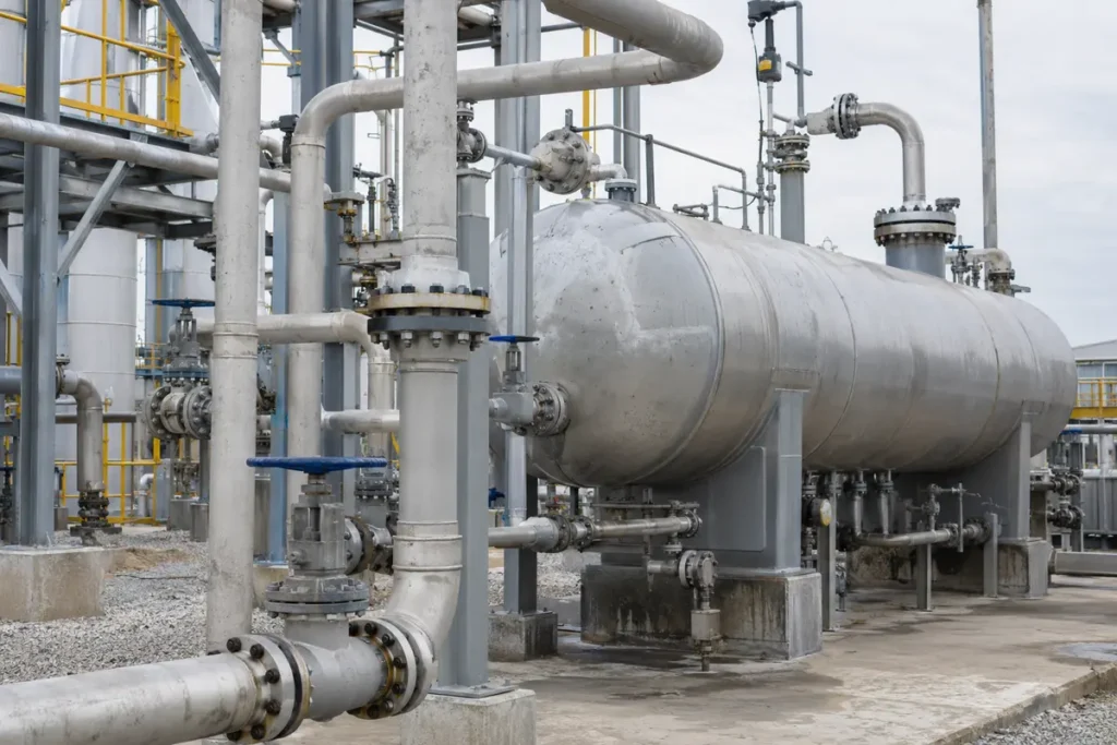 Process vessel, valves and flanged piping — generated application illustration