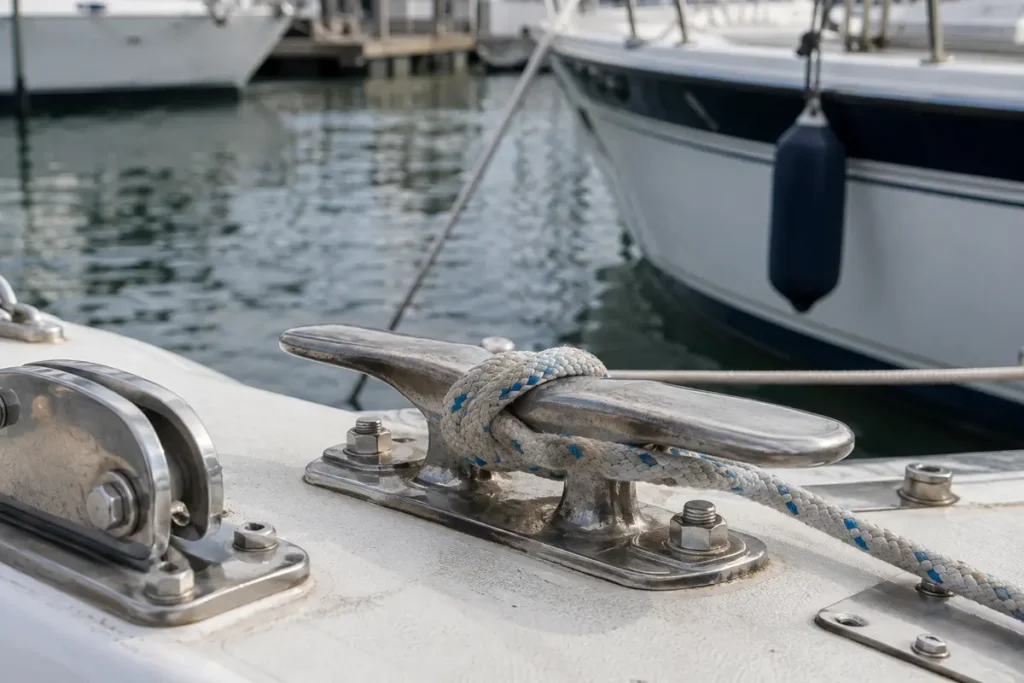 Boat mooring cleat and bolted deck hardware — generated application illustration